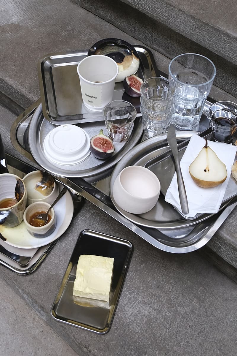 nanushka cafe coffee silver trays cups food 